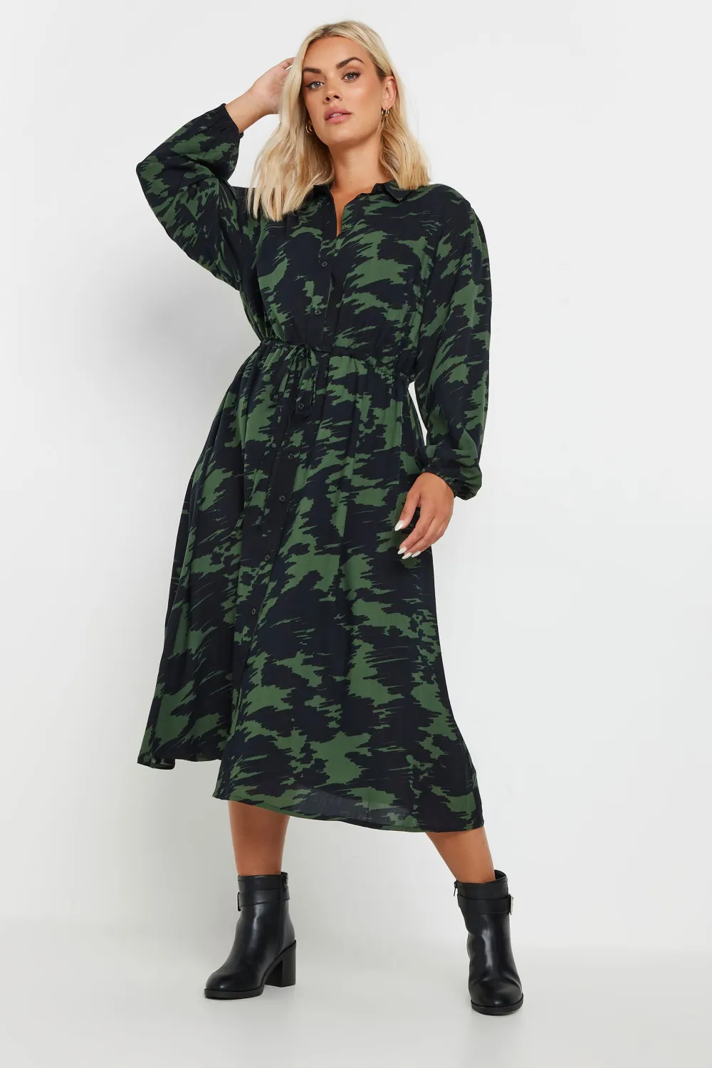 YOURS Curve Black & Green Abstract Print Shirt Dress