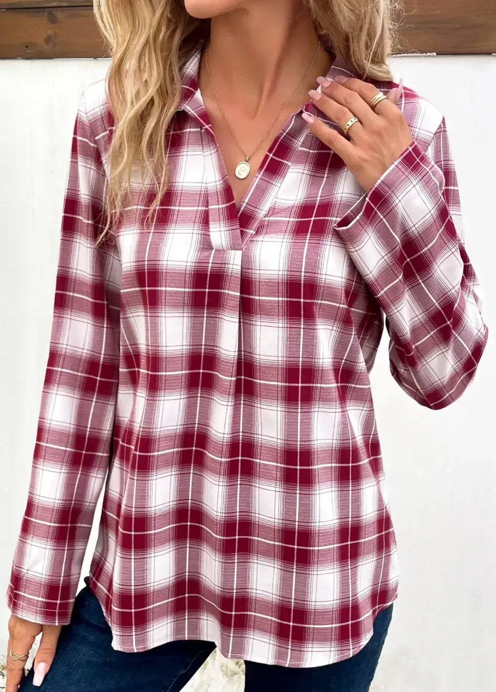 Wine Red Split Plaid Long Sleeve Blouse
