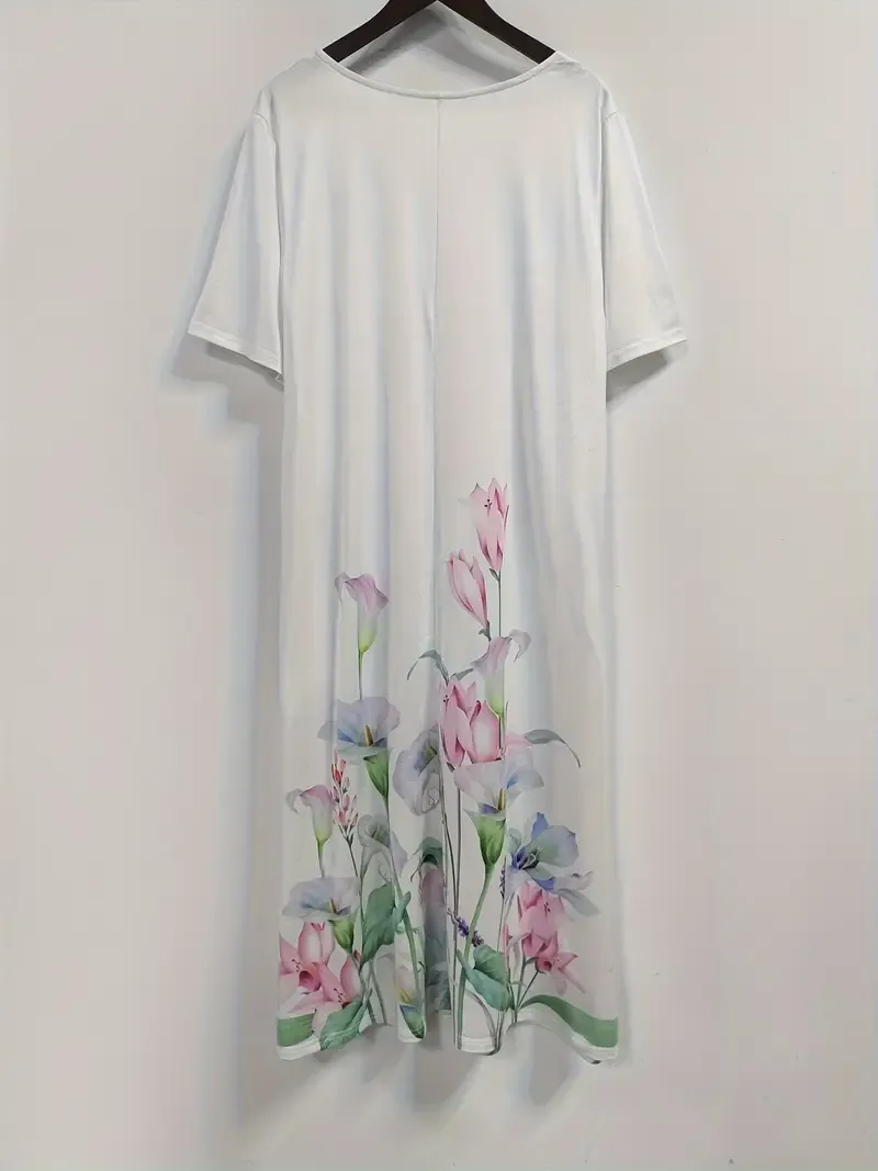 Women'S Plus Size Floral Print Tunic Dress, Polyester 95% Spandex 5% Knit Fabric, Crew Neck Short Sleeve with Pockets, Spring/Summer Vacation Style, Big-Tall Silhouette, Midi Length, Half Placket Button Detail