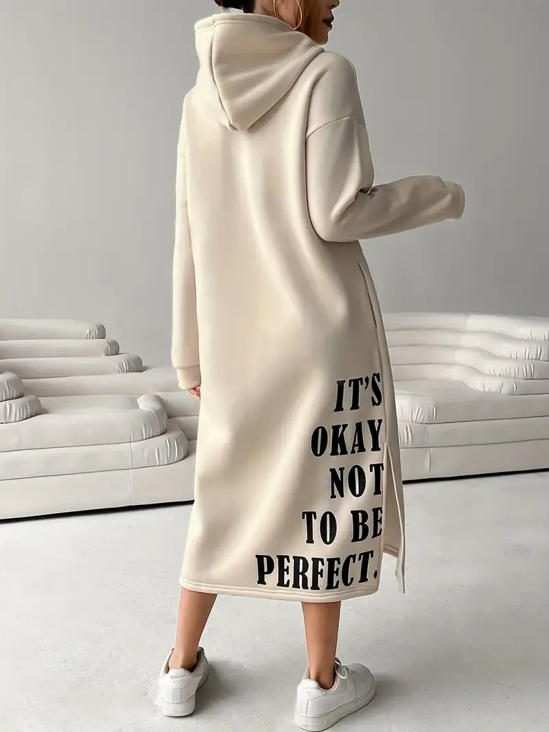 Women's Letter Print Drawstring Hooded Sweatshirt Dress, Long Sleeve Loose Casual Fall Winter Dress