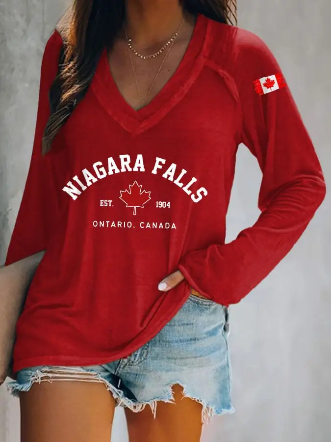 Women's Canada Niagara Falls Print V-Neck Long Sleeve T-Shirt