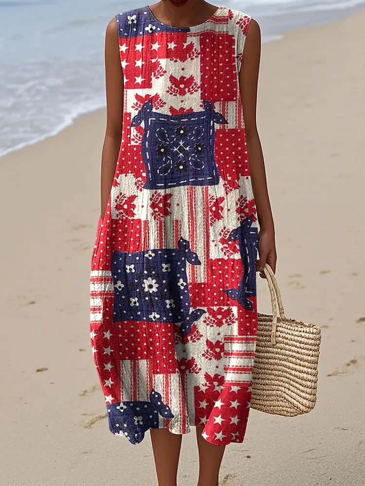 Vintage American Flag Independence Day Patchwork 4th Of July Peaceinwar Art Linen Tank Dress