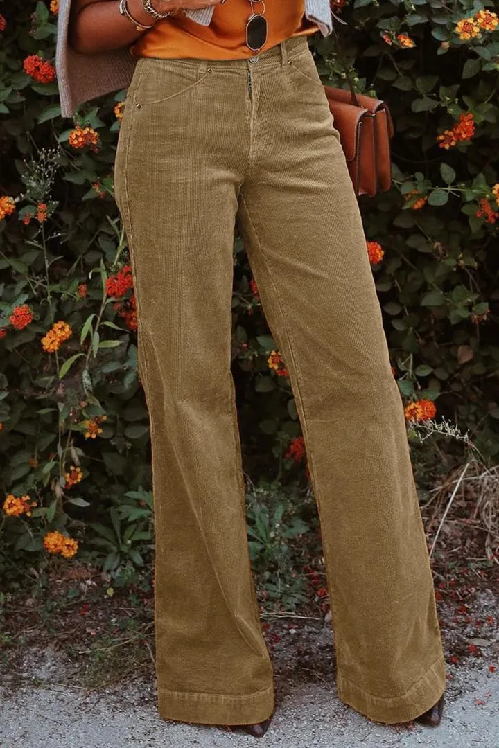 Solid Corduroy Patched Back High Waist Flare Pants