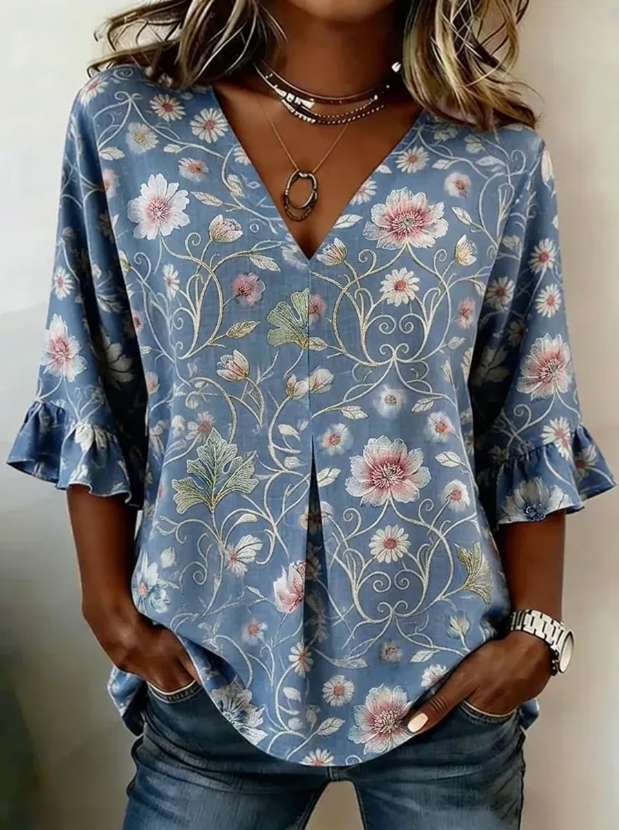 Women's Nashville Floral Vine Printed V-Neck Ruffle Sleeve Top