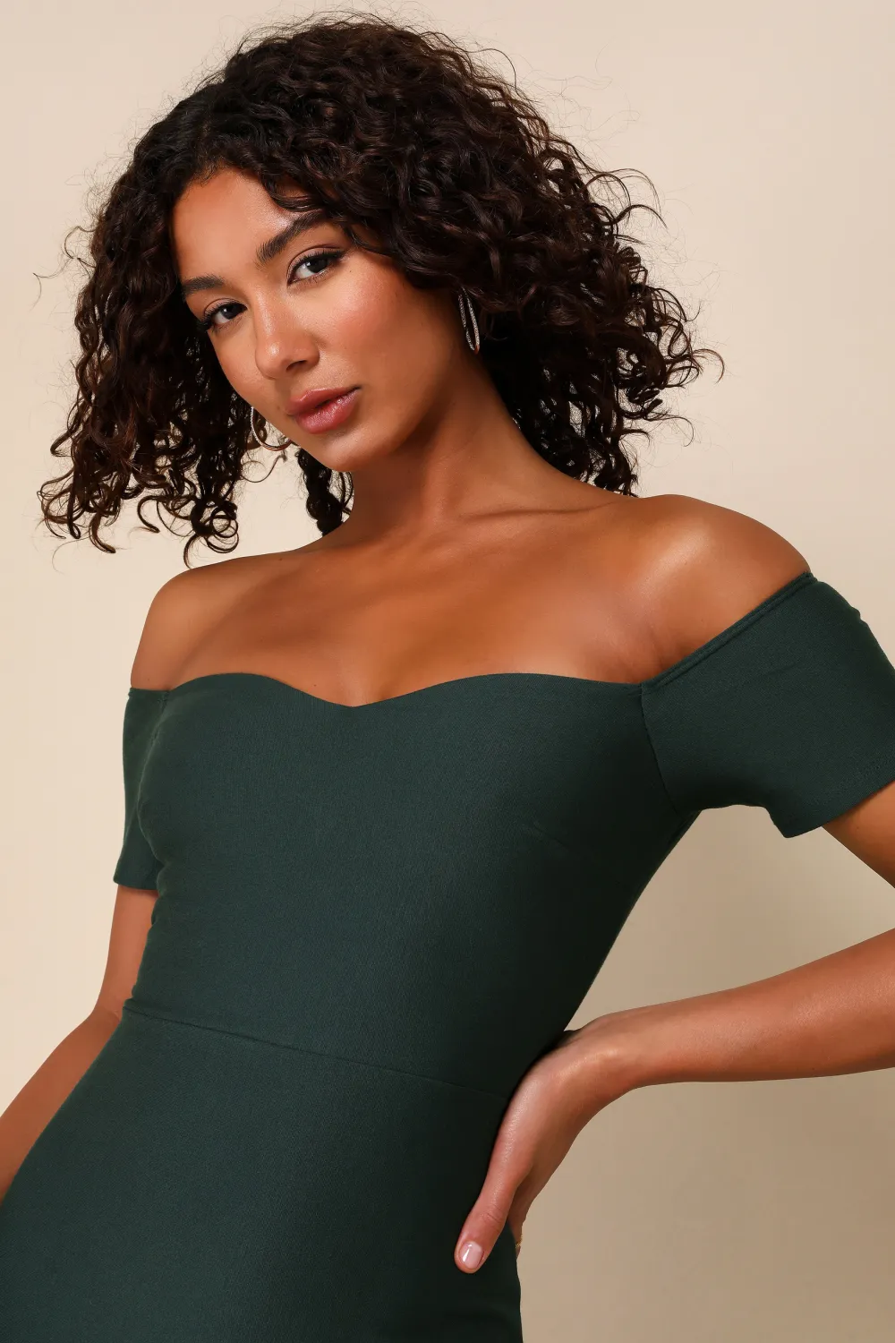How Much I Care Dark Green Off-the-Shoulder Midi Dress
