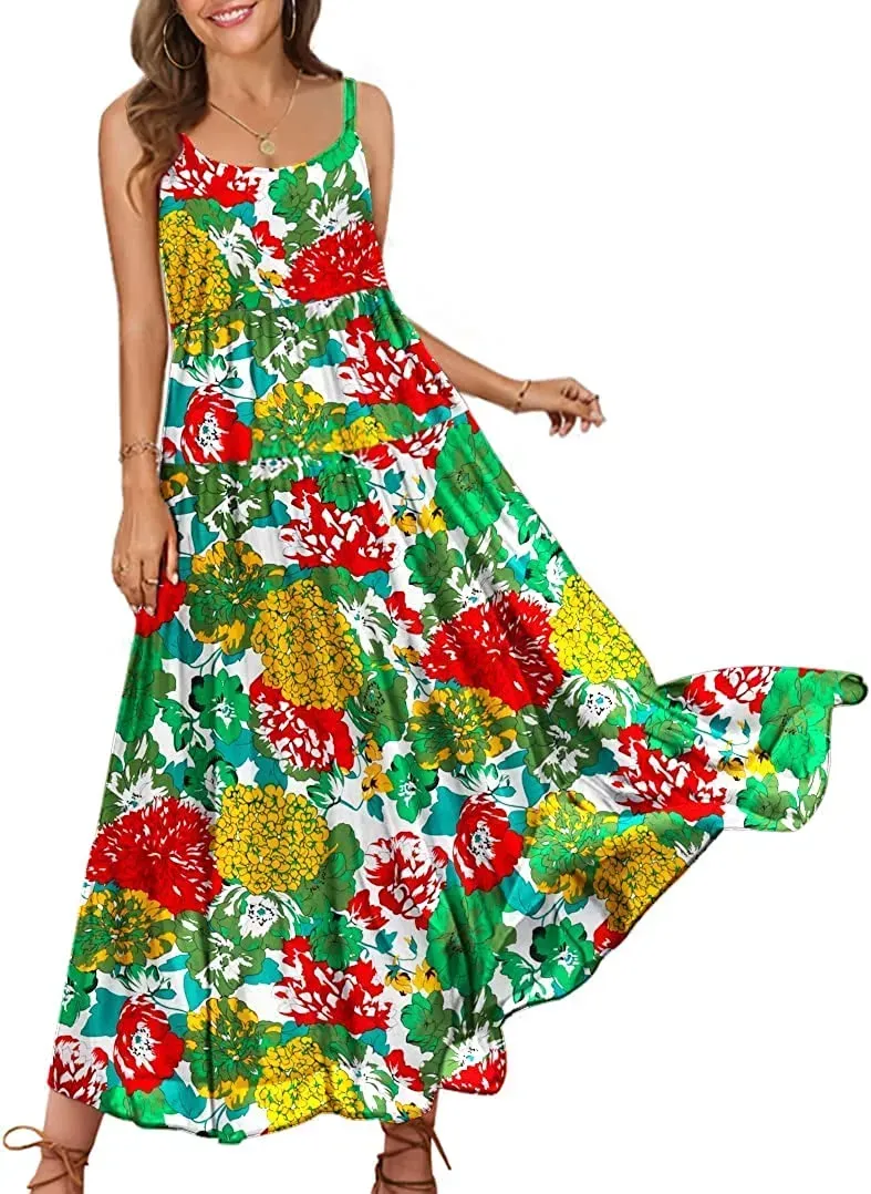 Summer Dresses for Women Casual Loose Bohemian Floral Dress with Pockets Spaghetti Strap Maxi Dress E75