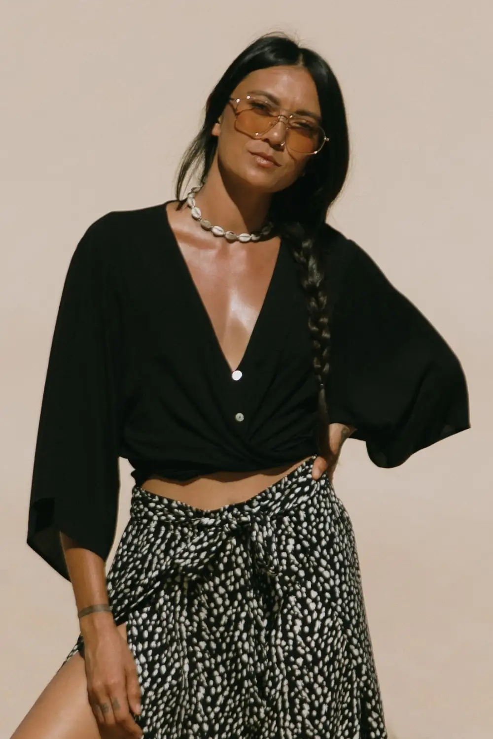 Black Front-Tie Kimono Top-Black