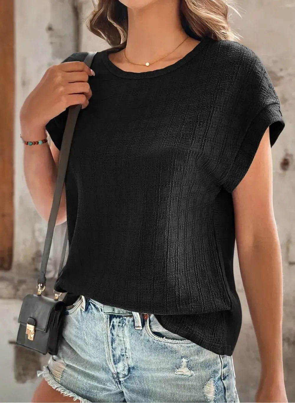 Dokotoo Tops for Women Trendy Summer Casual Cap Short Sleeve Basic Textured Solid Color Round Neck T Shirts Blouse