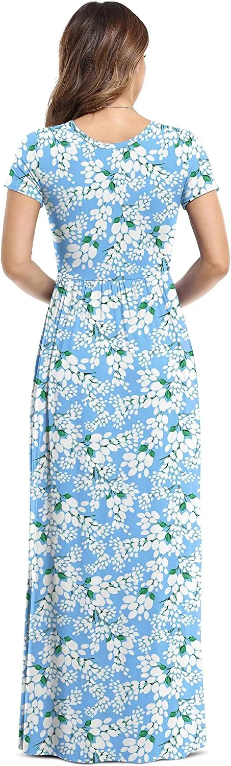 Women's Short Sleeve Loose Plain Maxi Dresses Casual Long Dresses with Pockets