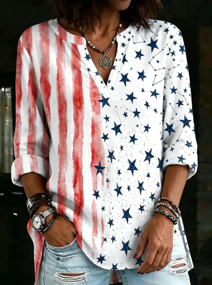 Women's Nashville USA Flag Stars Stripes Printed V-neck Top