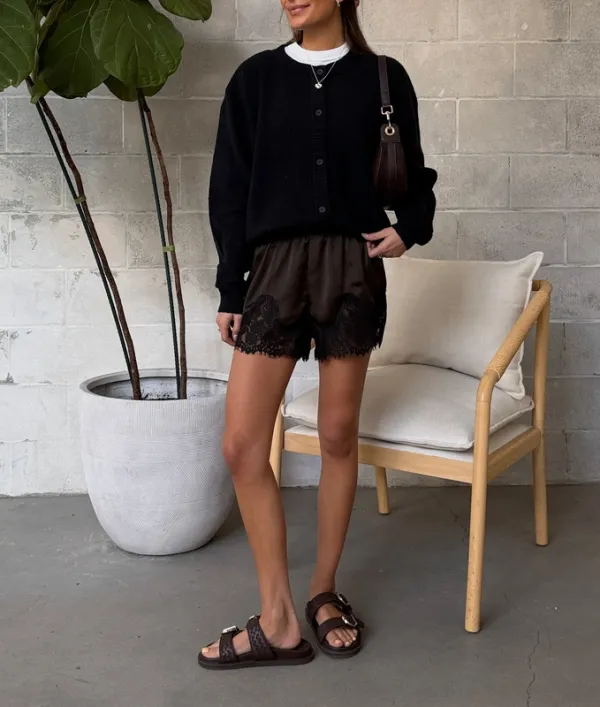 Lace Trim Satin Pull-On Shorts