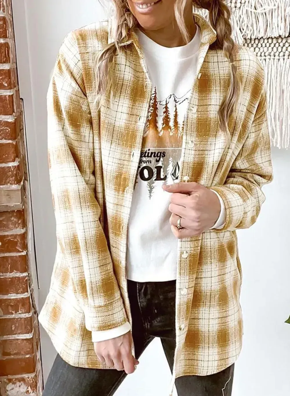 Women's 2023 Fall Clothes Plaid Shacket Jacket Long Sleeve Button Down Flannel Shirts Fashion Blouse