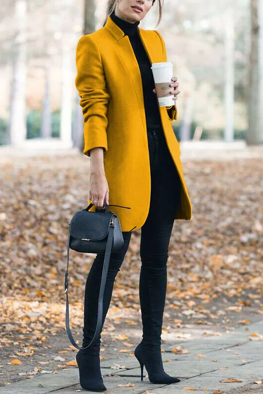 Solid standing collar slim long faux woolen coat