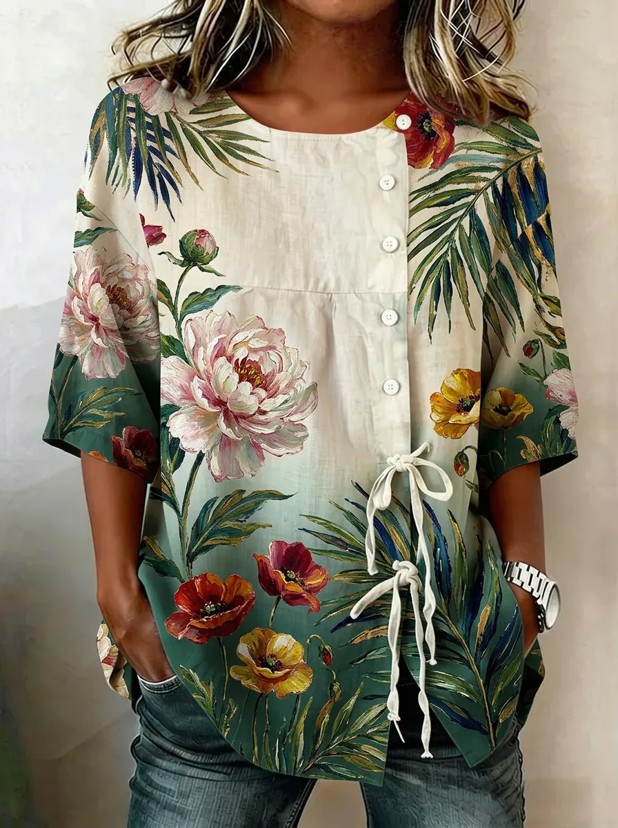 Women's Nashville Floral Botanical Printed Button-Up Top