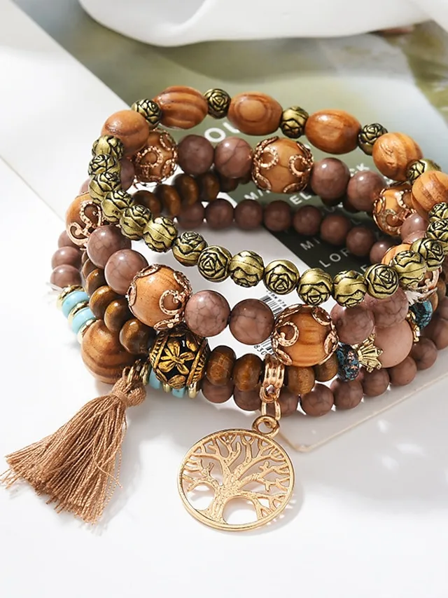 Women's Bead Bracelet Vintage Bracelet Layered Fashion Tree of Life Flower Elegant Fashion Personalized Tassel Bohemian Alloy Bracelet Jewelry For Gift Holiday Date Beach Festival