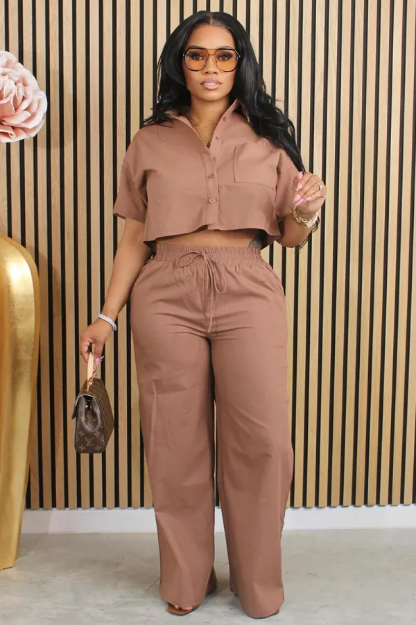 Short Sleeve Pocket Crop Blouse Elastic Drawstring Waist Wide Leg Pants Matching Set-Green
