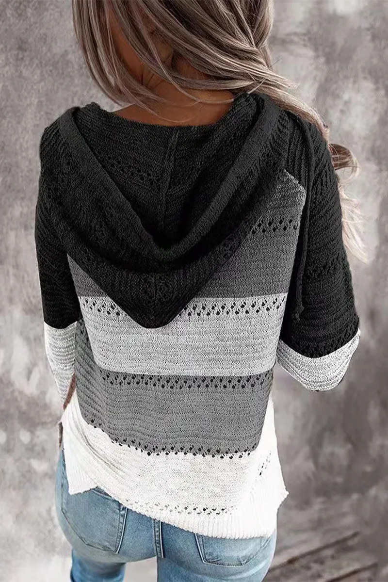 Striped & Leopard Patchwork V-Neck Hooded Sweater