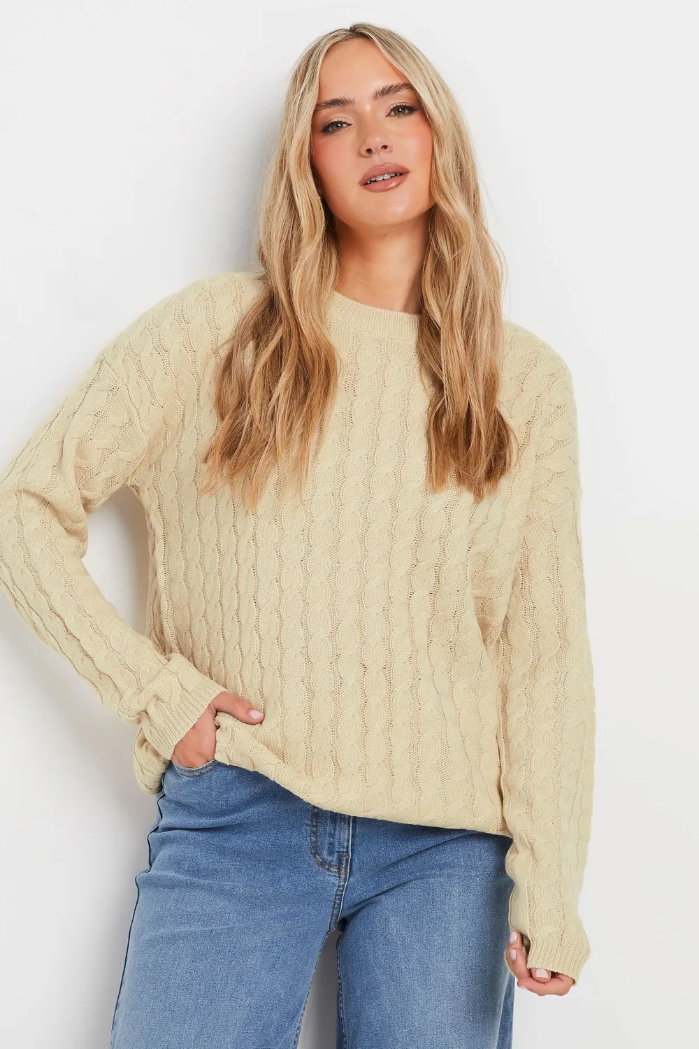 LTS Tall Beige Brown Cable Knit Jumper