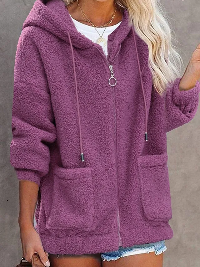 Women's Teddy Coat Fall Sherpa Jacket Street Winter Short Coat with Hood Vacation Going out  Warm Stylish Daily Casual Jacket Long Sleeve Plain with Pockets Black Blue Army Green
