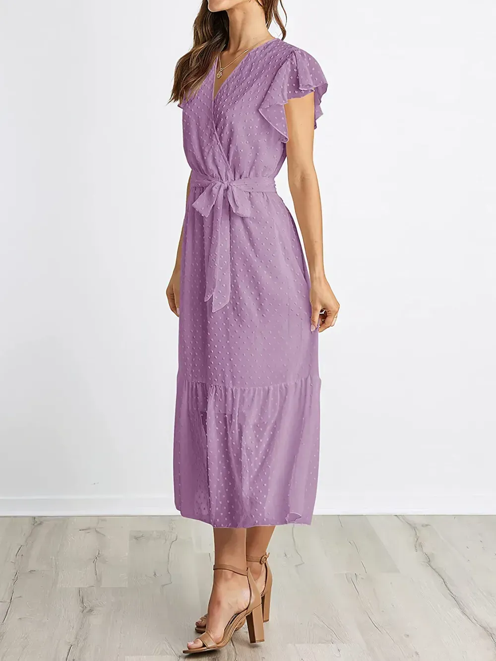 Women Summer Bohemian Floral Casual Wrap V Neck Ruffle Cap Sleeveless Belt A-Line Pleated Hem Swing Midi Sun Dress