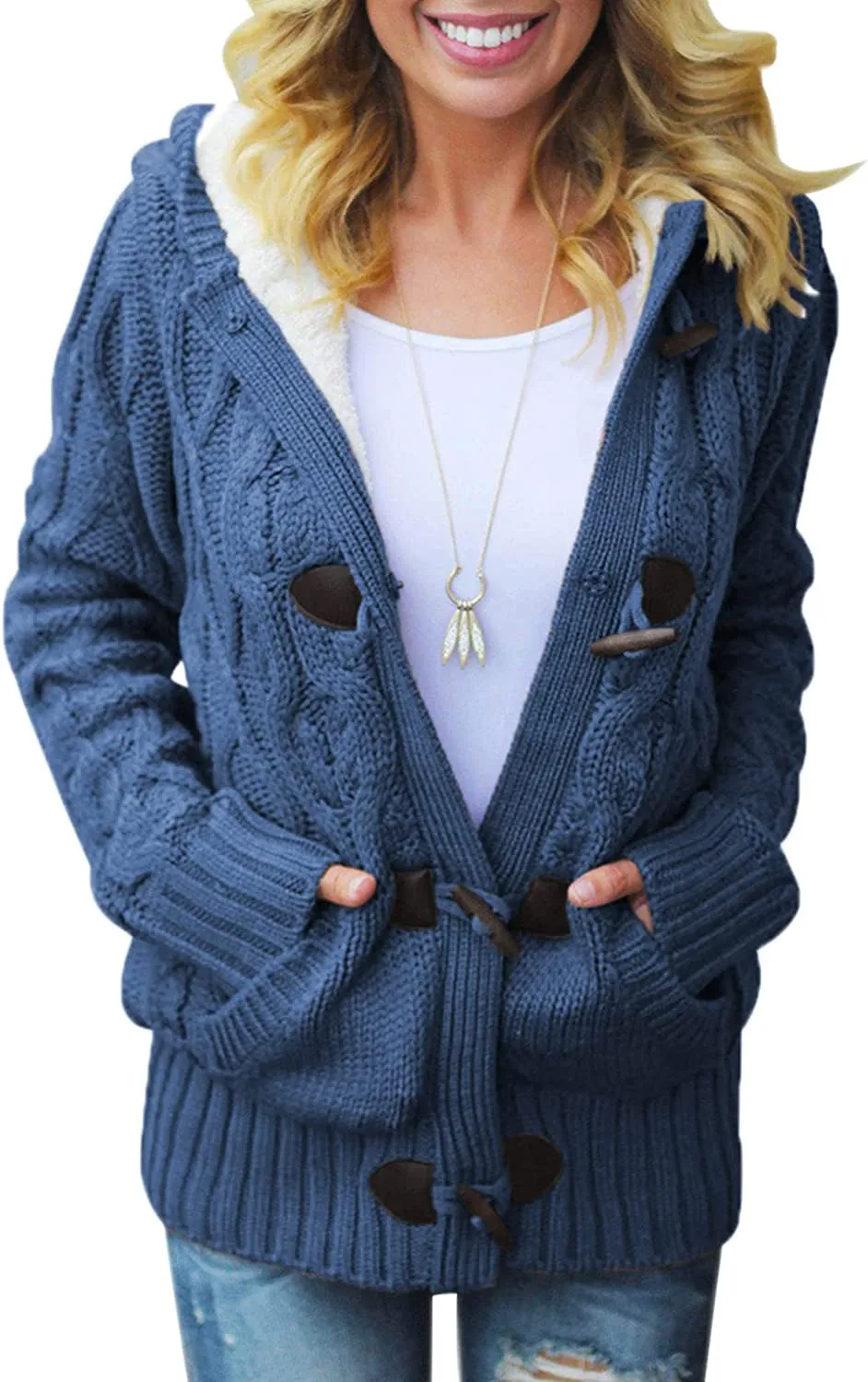 Womens Hooded Cardigans Button Up Cable Knit Sweater Coat Outerwear with Pockets