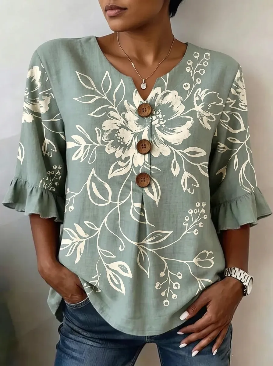 Women's Nashville Floral Botanical Printed Button-Down Top