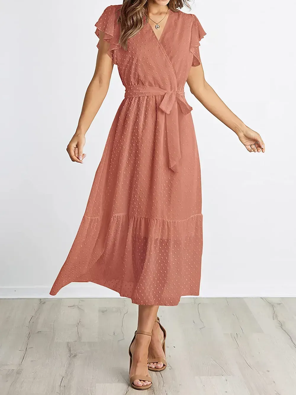 Women Summer Bohemian Floral Casual Wrap V Neck Ruffle Cap Sleeveless Belt A-Line Pleated Hem Swing Midi Sun Dress