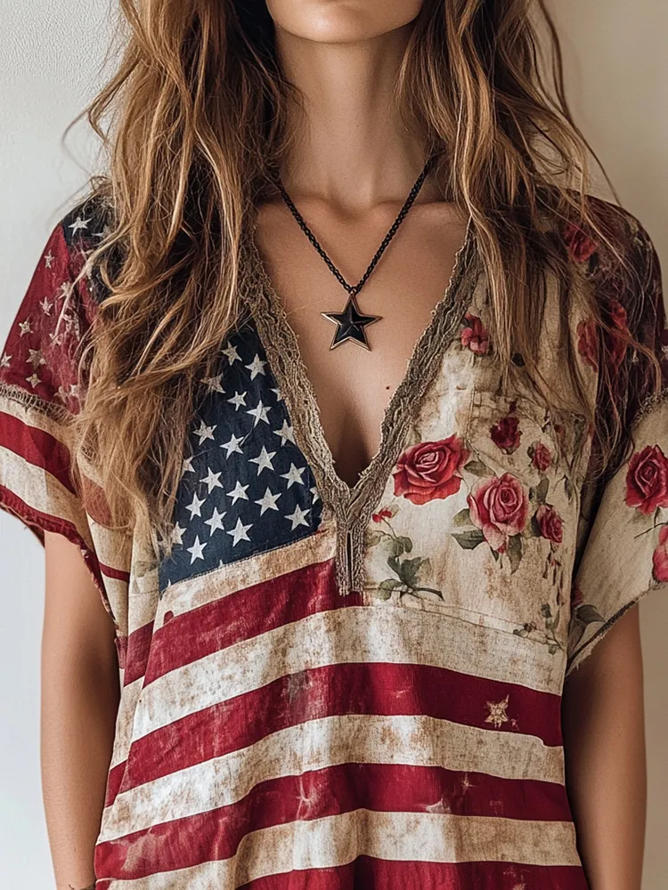 Women's Independence Day Floral Print T-shirt