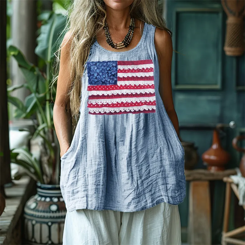 American Flag Fiber Art Patch Linen Tank Top