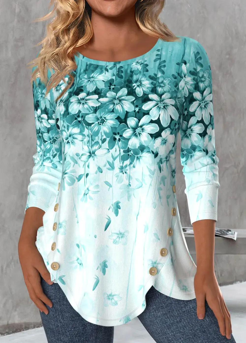 Mint Green Button Floral Print Long Sleeve T Shirt