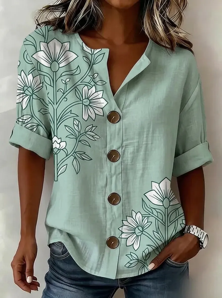 Women's Nashville Floral Botanical Printed Button-Down Shirt