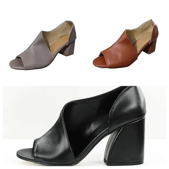 Women's Sandals Block Heel Sandals Plus Size Party Outdoor Office Summer Block Heel Low Heel Chunky Heel Peep Toe Elegant Casual Minimalism Walking Shoes PU Leather Loafer Solid Colored Dark Brown