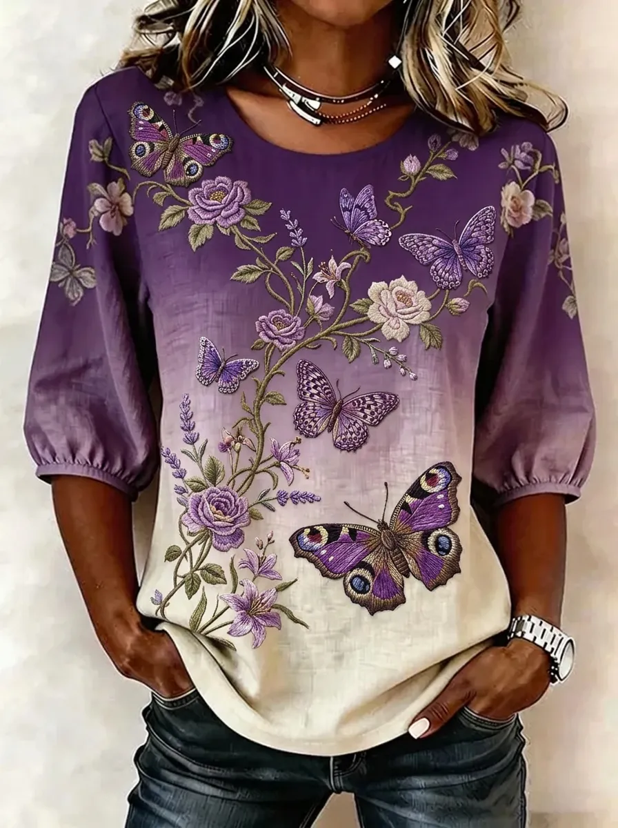 Women's Nashville Floral Butterfly Printed Casual Top