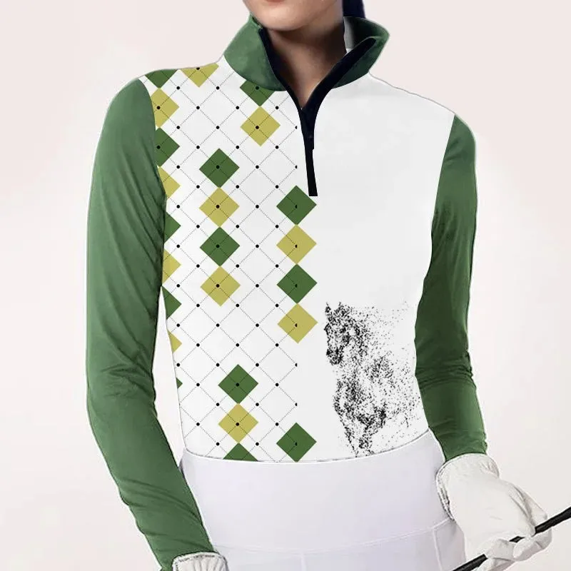 Women's Square Riding Style Horse Print Long Sleeve Casual Shirt