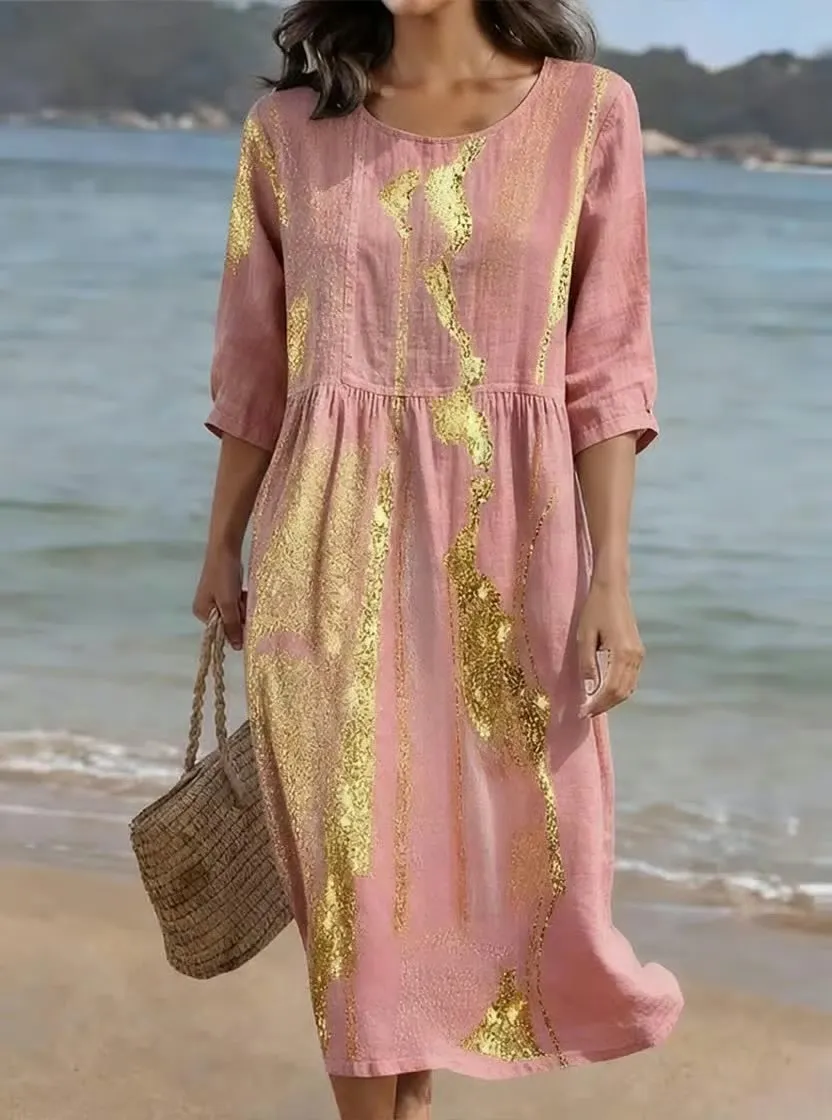 Women's Casual Round Neck Mid Sleeve Print Cotton and Linen Dress