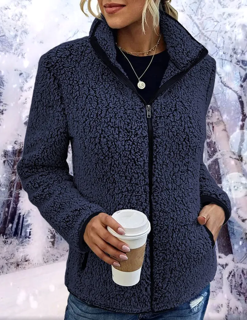 Solid Stand Collar Fleece Coat