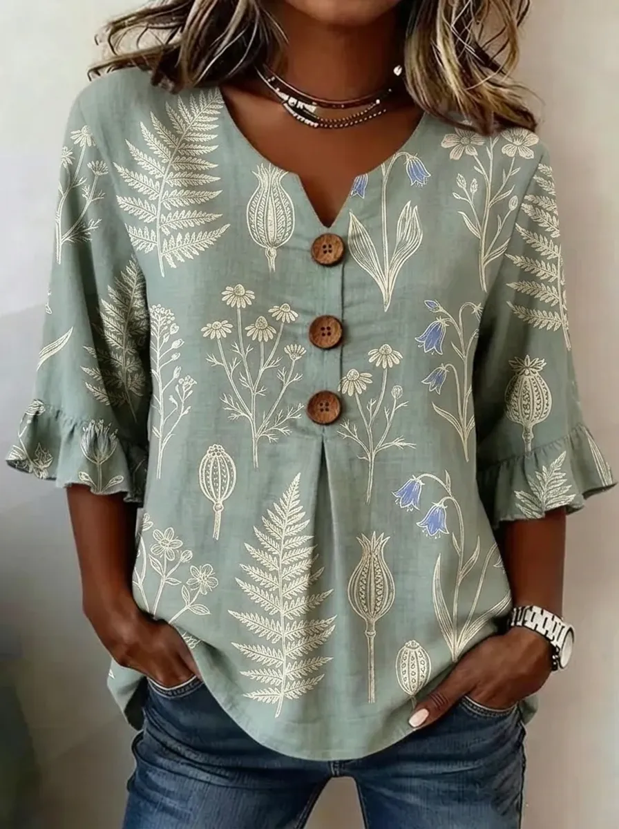 Women's Nashville Botanical Fern Floral Printed V-Neck Button Top