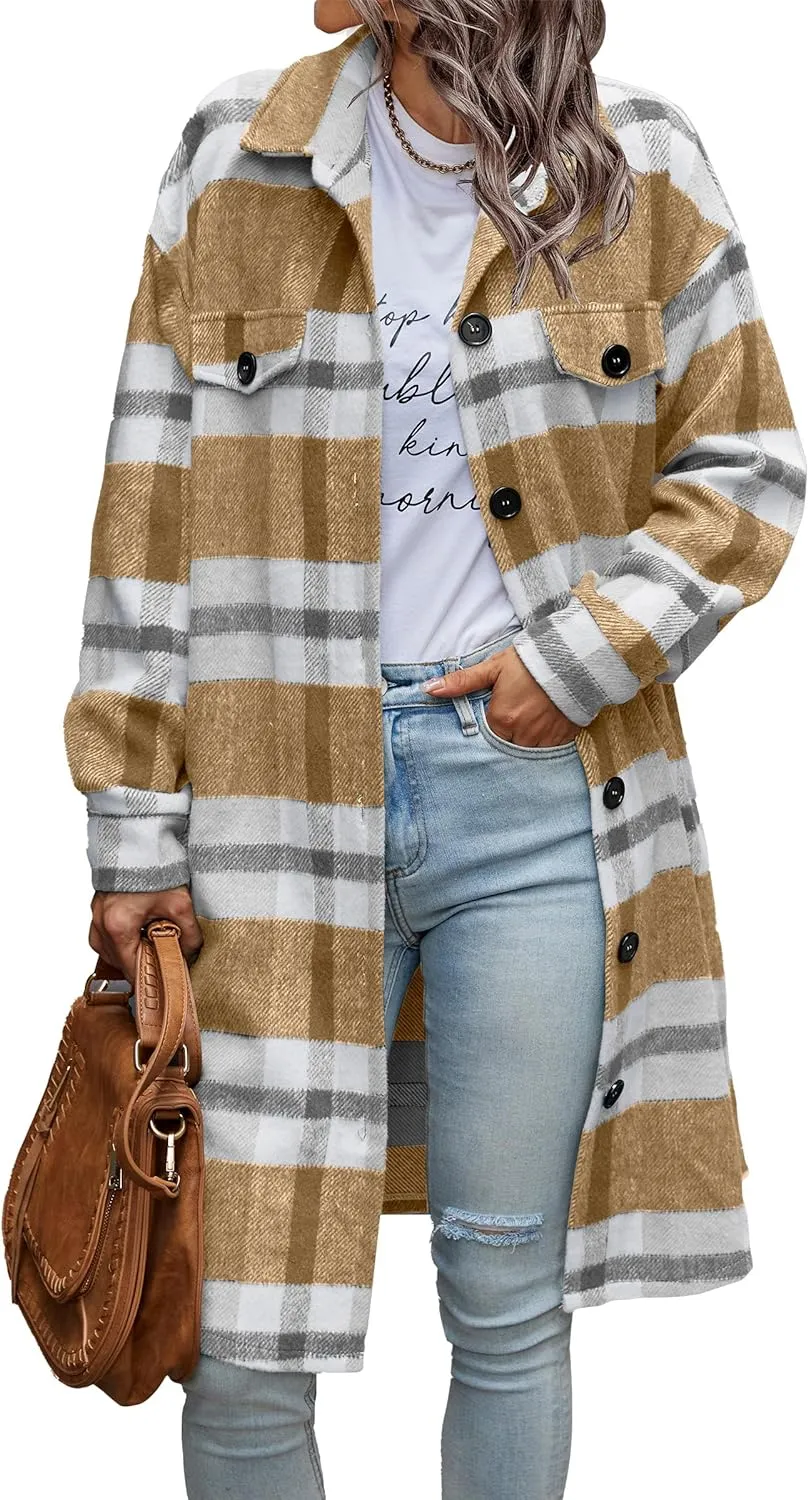 Women's Plaid Shacket 2023 Long Sleeve Button Up Flannel Shirt Winter Tartan Jacket Woolen Coats