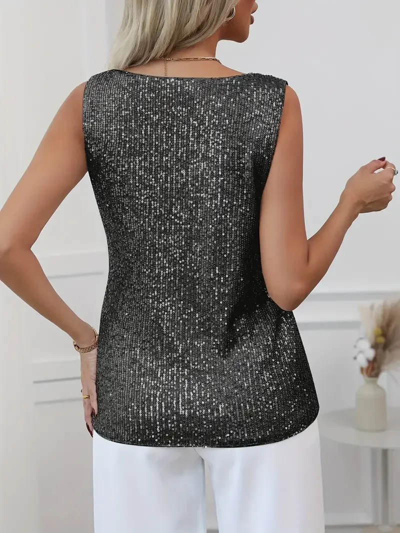 Sequined V Neck Tank Top, Elegant Sleeveless Tank Top For Spring & Summer, Women's Clothing