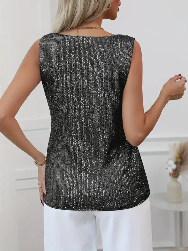 Sequined V Neck Tank Top, Elegant Sleeveless Tank Top For Spring & Summer, Women's Clothing