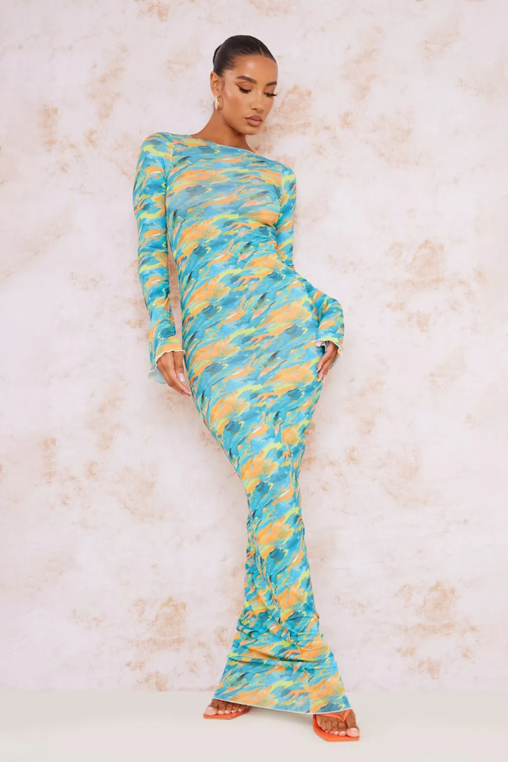 Orange Abstract Print Burnout Mesh Long Sleeve Maxi Dress