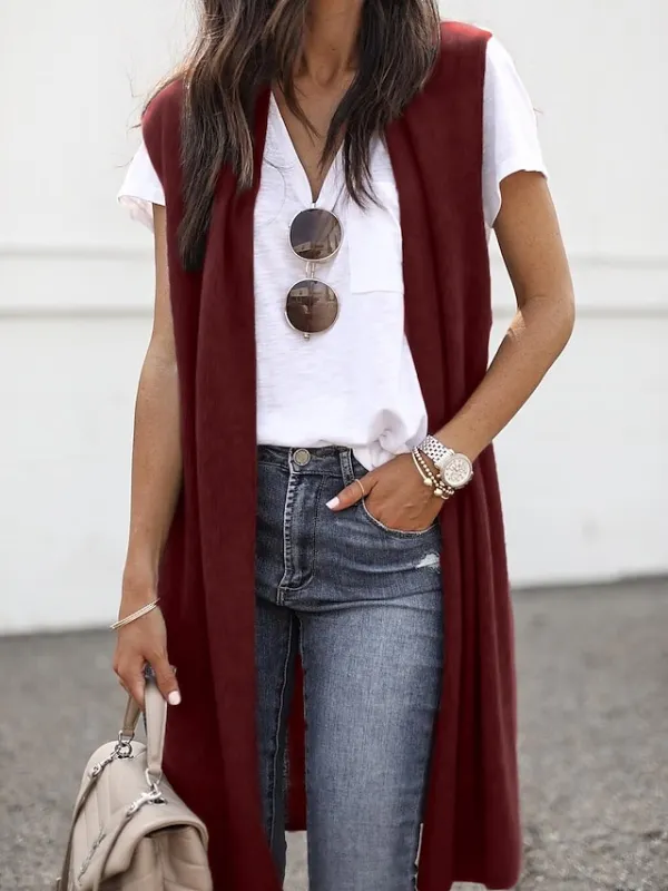 Women's Cardigan Knitted Solid Color Basic Casual Sleeveless Regular Fit  Cardigans Open Front Spring Summer Red Wine Dark Blue Orange / Going out