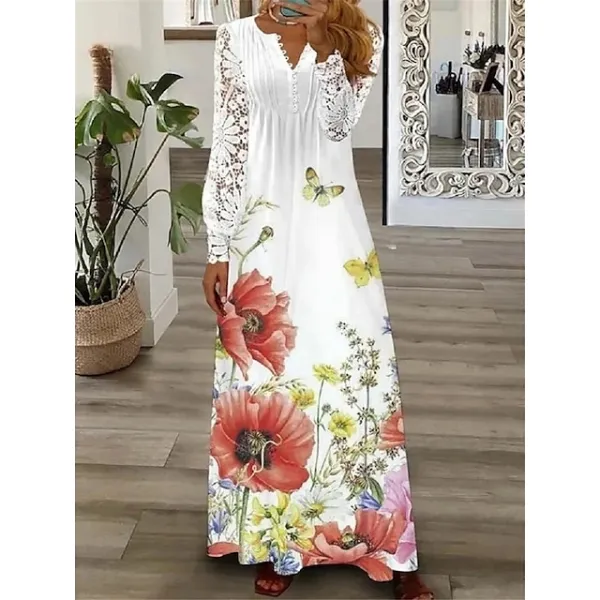 Women's Floral Lace Pleated Dresses Eyelet Long Dress Maxi Dress A Line Dress Print Dress Fashion Casual Outdoor Daily Button Long Sleeve V Neck Regular Fit White Pink Red Spring Summer S M L XL