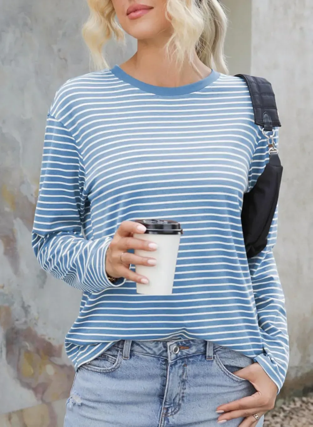 Dokotoo Women's Casual Striped Long Sleeve Tops Crew Neck Knit Ribbed Basic T Shirts