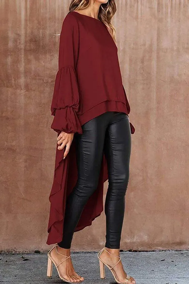 Lantern High Low Asymmetrical Irregular Hem Shirt Dress