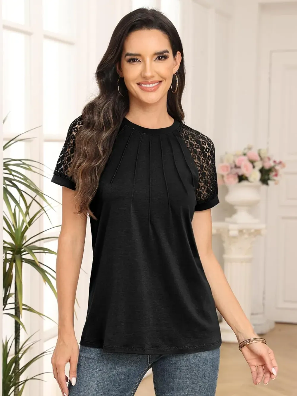 AUTOMET Womens Tshirts Trendy Fashion Tops Lace Short Sleeve Business Tee Shirts Casual Knitted Blouses Summer Outfits 2024