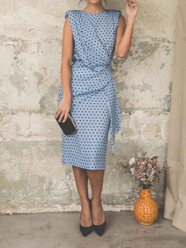 Women's Sheath Dress Knee Length Dress White Pink Red Light Blue Sleeveless Polka Dot Print Ruched Spring Summer Round Neck Elegant Casual Vintage Party 2023 S M L XL XXL 3XL / Sexy