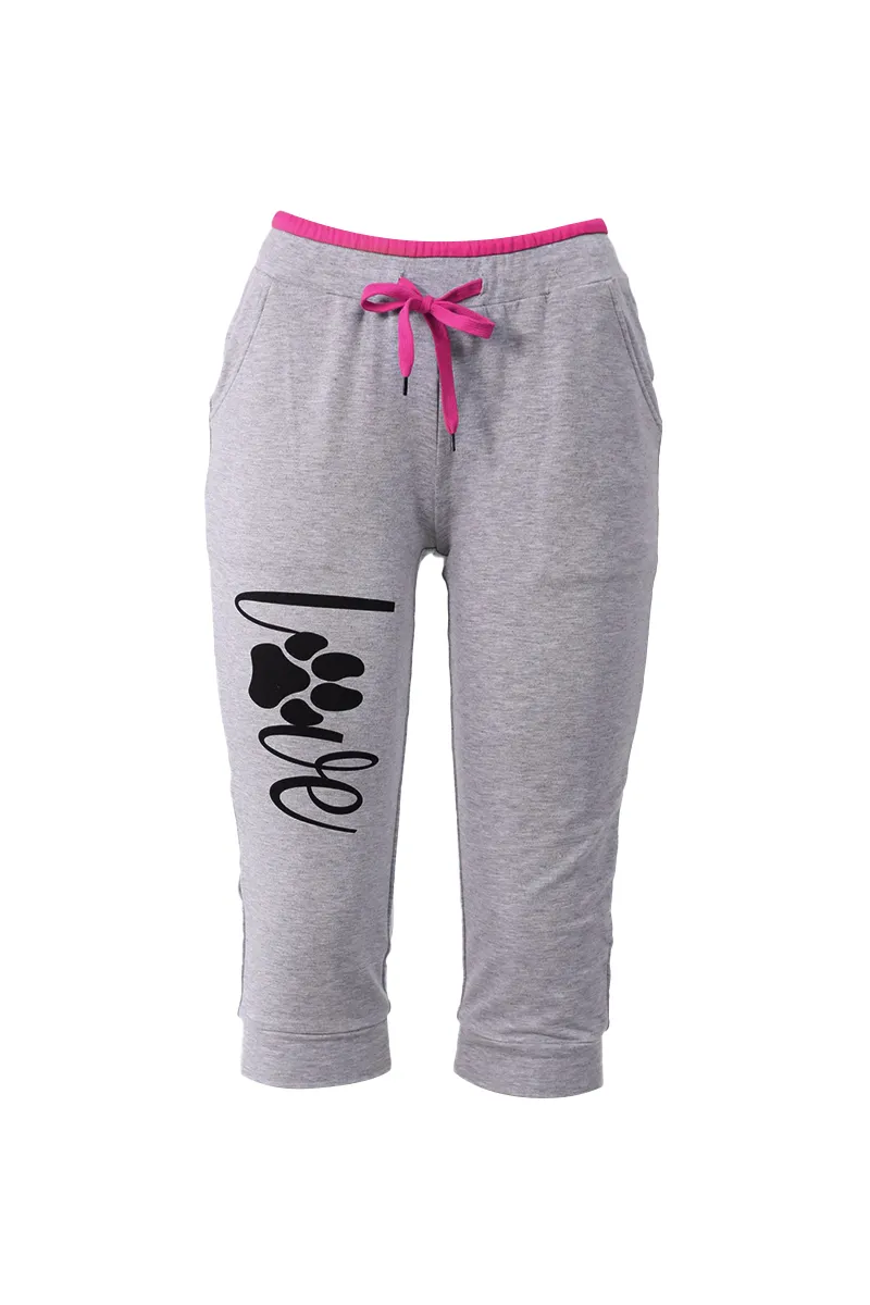 Letter & Paw Print Drawstring Contrast Binding Capris Pants