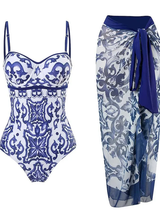 Women's Swimwear One Piece Monokini Normal Swimsuit Tummy Control Open Back Printing Flower Navy Blue Blue Strap Bathing Suits Sexy Vacation Fashion