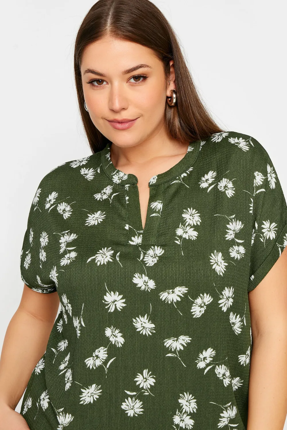 YOURS Curve Khaki Green Floral Print Notch Neck Blouse